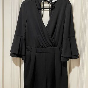 New York & Company Black Plunge Neck Bell Sleeve Romper